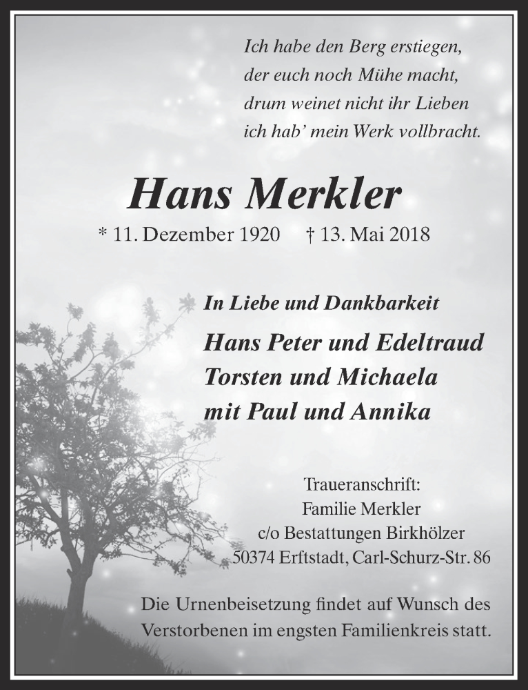  Traueranzeige für Hans Merkler vom 23.05.2018 aus  Werbepost 
