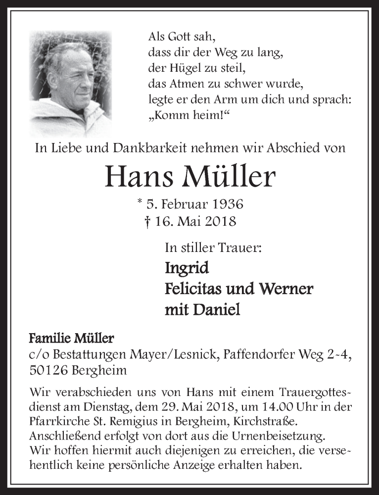  Traueranzeige für Hans Müller vom 23.05.2018 aus  Werbepost 