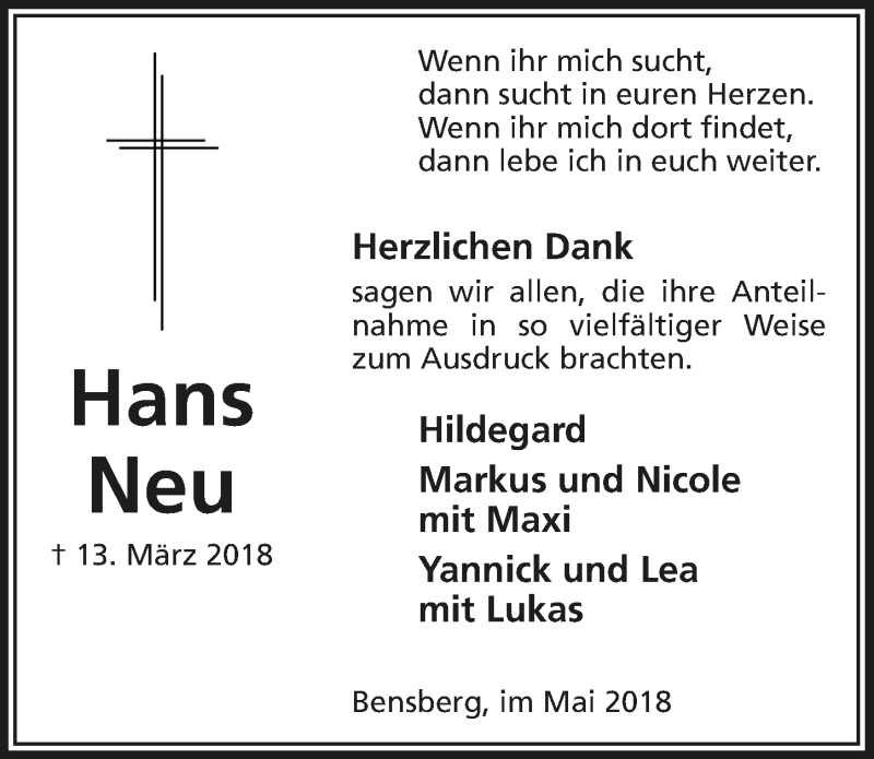  Traueranzeige für Hans Neu vom 02.05.2018 aus  Bergisches Handelsblatt 