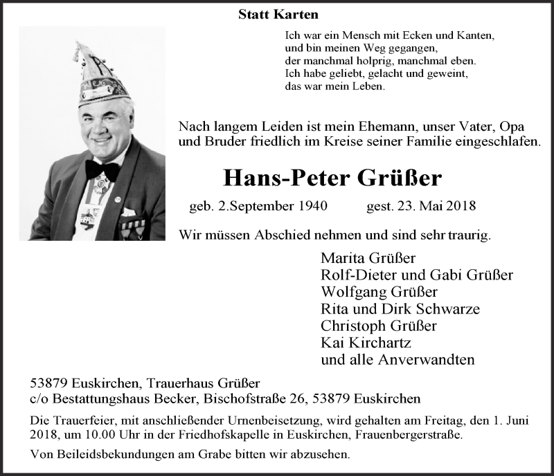  Traueranzeige für Hans-Peter Grüßer vom 26.05.2018 aus  Blickpunkt Euskirchen 