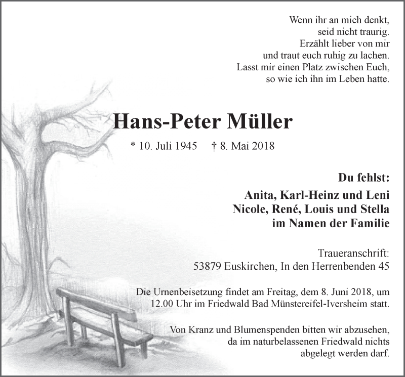  Traueranzeige für Hans-Peter Müller vom 26.05.2018 aus  Blickpunkt Euskirchen 