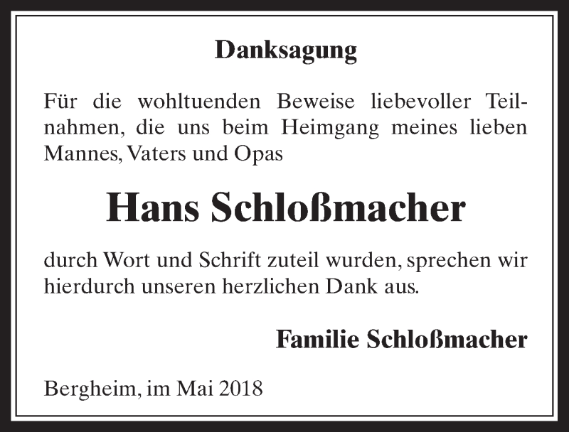  Traueranzeige für Hans Schloßmacher vom 30.05.2018 aus  Werbepost 