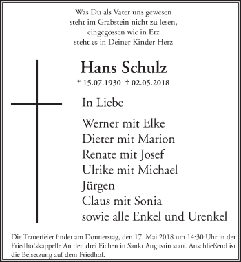 Anzeige von Hans Schulz von  Rhein-Sieg-Wochenende 