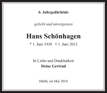 Anzeige von Hans Schönhagen von  Wochenende 