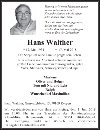 Anzeige von Hans Walther von  Wochenende  Werbepost 
