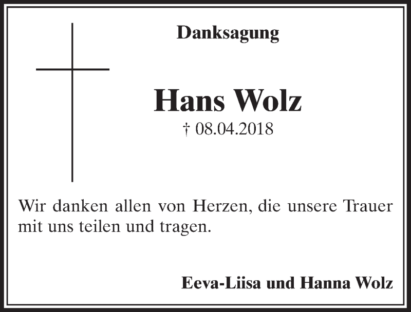  Traueranzeige für Hans Wolz vom 26.05.2018 aus  Sonntags-Post 