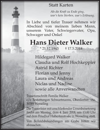 Anzeige von Hans Dieter Walker von  Schlossbote/Werbekurier 