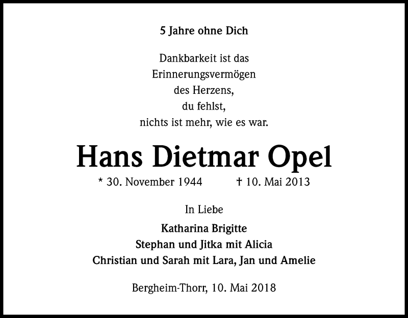  Traueranzeige für Hans Dietmar Opel vom 10.05.2018 aus Kölner Stadt-Anzeiger / Kölnische Rundschau / Express