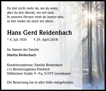 Anzeige von Hans Gerd Reidenbach von Kölner Stadt-Anzeiger / Kölnische Rundschau / Express