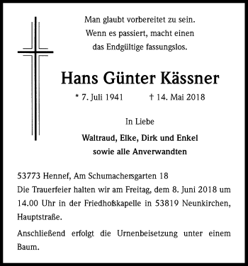 Anzeige von Hans Günter Kässner von Kölner Stadt-Anzeiger / Kölnische Rundschau / Express