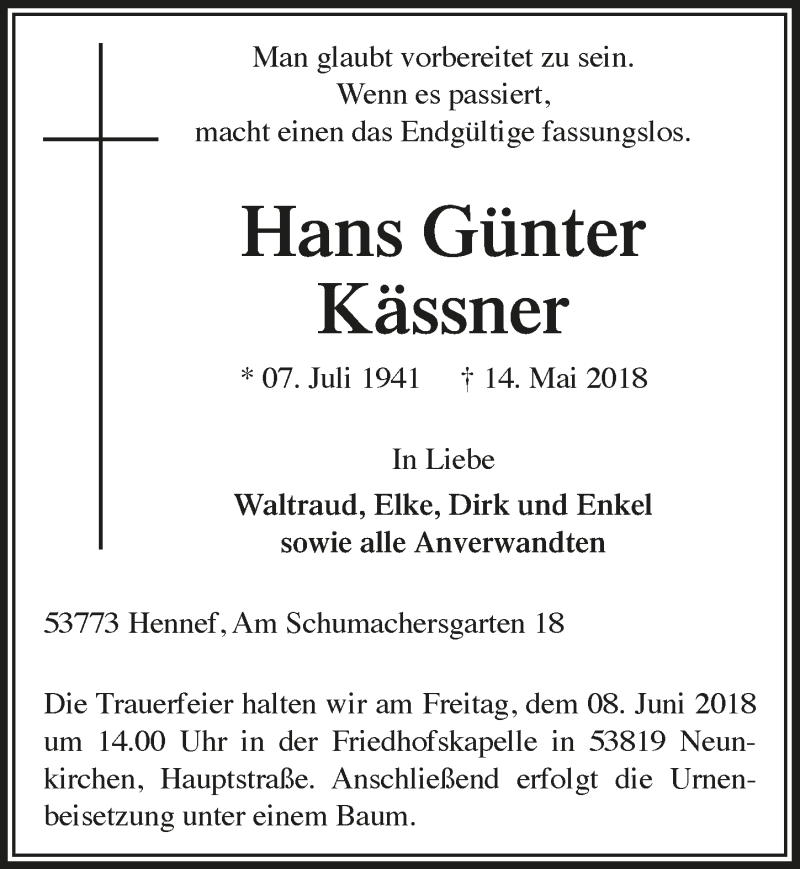  Traueranzeige für Hans Günter Kässner vom 30.05.2018 aus  Extra Blatt 