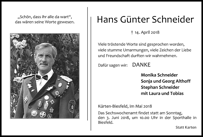  Traueranzeige für Hans Günter Schneider vom 26.05.2018 aus Kölner Stadt-Anzeiger / Kölnische Rundschau / Express