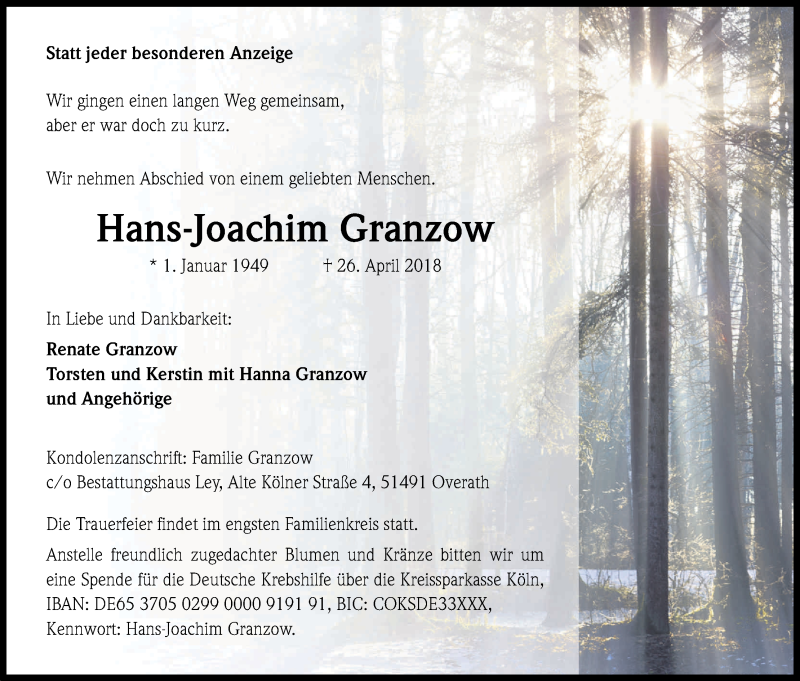  Traueranzeige für Hans Joachim Granzow vom 05.05.2018 aus Kölner Stadt-Anzeiger / Kölnische Rundschau / Express