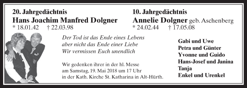  Traueranzeige für Hans Joachim Manfred Dolgner vom 16.05.2018 aus  Wochenende 