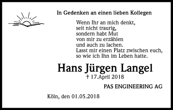 Anzeige von Hans Jürgen Langel von Kölner Stadt-Anzeiger / Kölnische Rundschau / Express