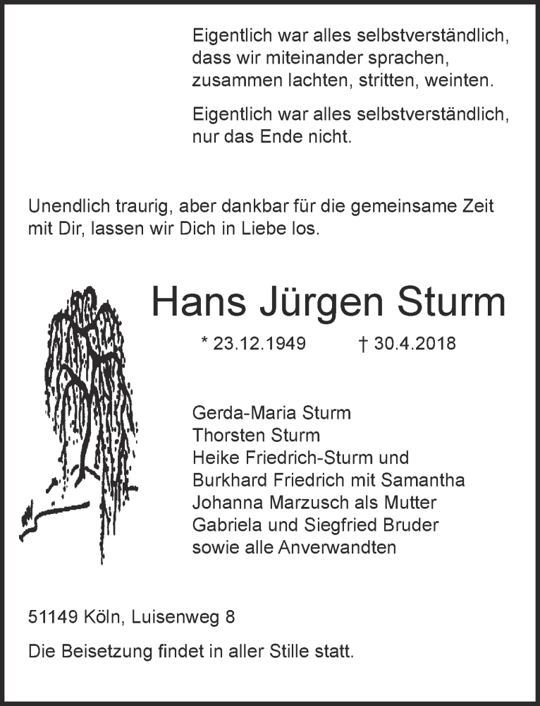  Traueranzeige für Hans Jürgen Sturm vom 09.05.2018 aus  Kölner Wochenspiegel 