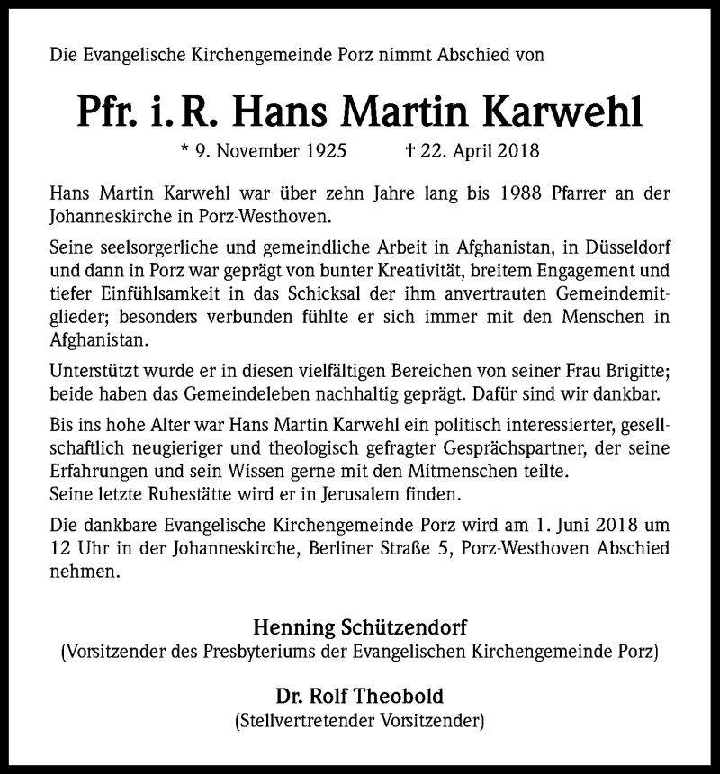  Traueranzeige für Hans Martin Karwehl vom 19.05.2018 aus Kölner Stadt-Anzeiger / Kölnische Rundschau / Express