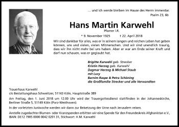 Anzeige von Hans Martin Karwehl von Kölner Stadt-Anzeiger / Kölnische Rundschau / Express