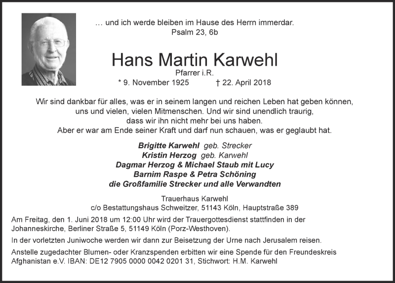  Traueranzeige für Hans Martin Karwehl vom 09.05.2018 aus  Kölner Wochenspiegel 