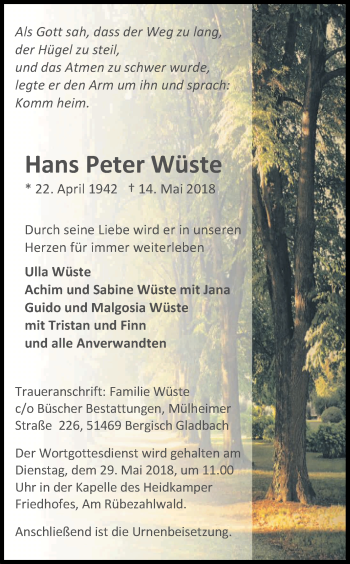 Anzeige von Hans Peter Wüste von Kölner Stadt-Anzeiger / Kölnische Rundschau / Express