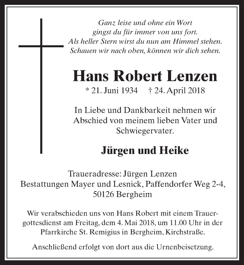  Traueranzeige für Hans Robert Lenzen vom 02.05.2018 aus  Werbepost 