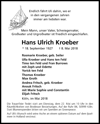 Anzeige von Hans Ulrich Kroeber von Kölner Stadt-Anzeiger / Kölnische Rundschau / Express