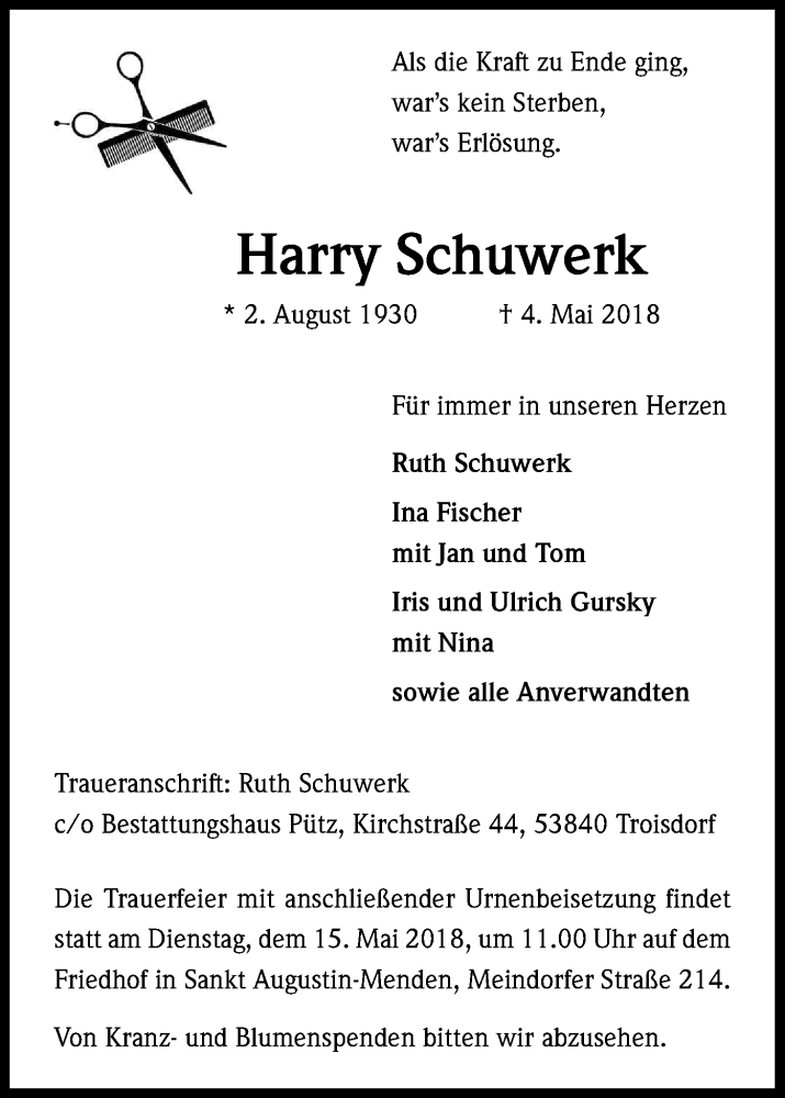  Traueranzeige für Harry Schuwerk vom 09.05.2018 aus Kölner Stadt-Anzeiger / Kölnische Rundschau / Express