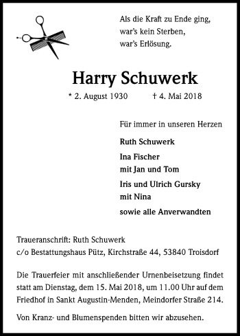 Anzeige von Harry Schuwerk von Kölner Stadt-Anzeiger / Kölnische Rundschau / Express