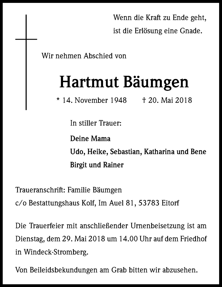  Traueranzeige für Hartmut Bäumgen vom 26.05.2018 aus Kölner Stadt-Anzeiger / Kölnische Rundschau / Express