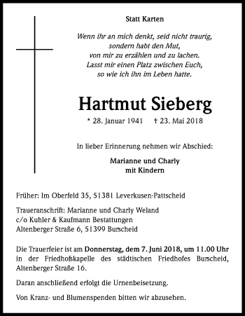 Anzeige von Hartmut Sieberg von Kölner Stadt-Anzeiger / Kölnische Rundschau / Express