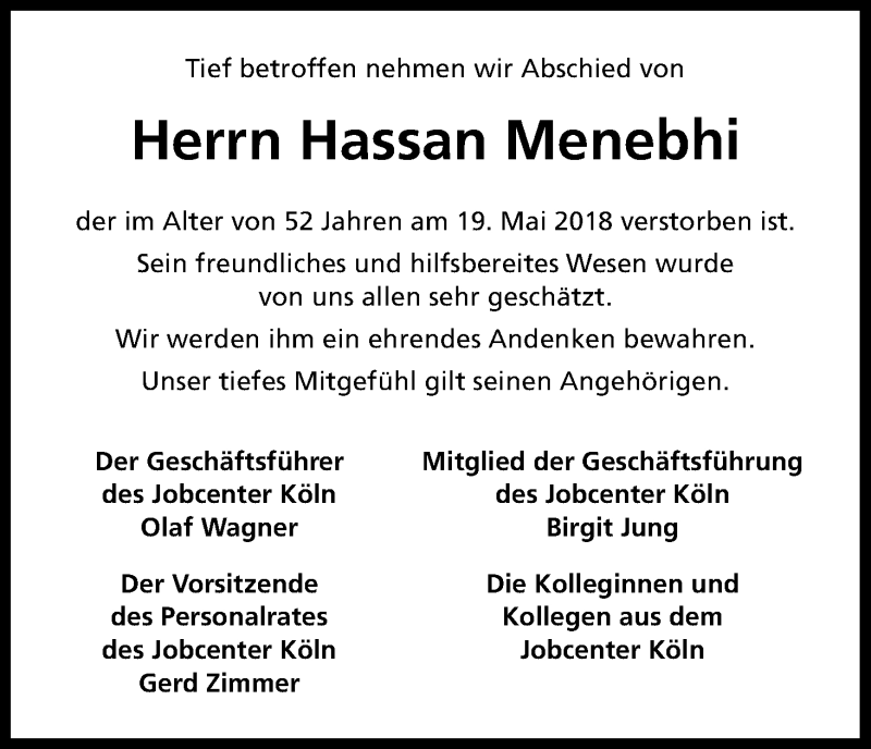  Traueranzeige für Hassan Menebhi vom 24.05.2018 aus Kölner Stadt-Anzeiger / Kölnische Rundschau / Express
