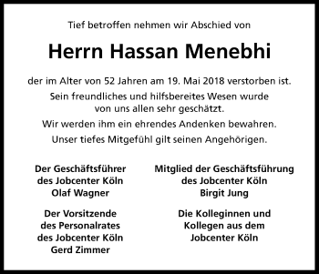 Anzeige von Hassan Menebhi von Kölner Stadt-Anzeiger / Kölnische Rundschau / Express