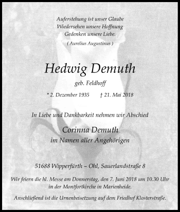 Anzeige von Hedwig Demuth von Kölner Stadt-Anzeiger / Kölnische Rundschau / Express