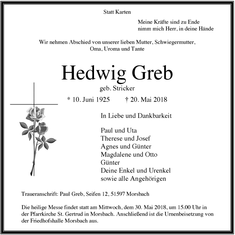  Traueranzeige für Hedwig Greb vom 23.05.2018 aus  Lokalanzeiger 