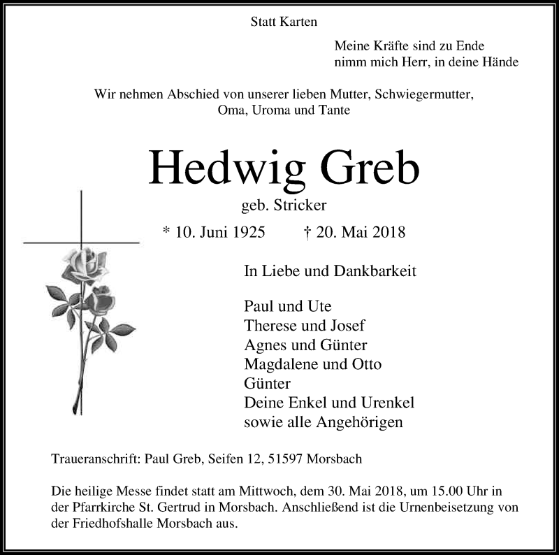  Traueranzeige für Hedwig Greb vom 26.05.2018 aus Kölner Stadt-Anzeiger / Kölnische Rundschau / Express