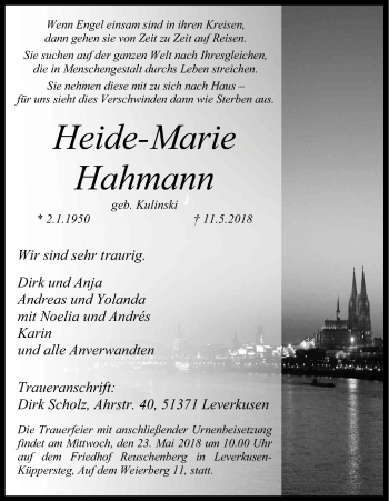 Anzeige von Heide-Marie Hahmann von Kölner Stadt-Anzeiger / Kölnische Rundschau / Express