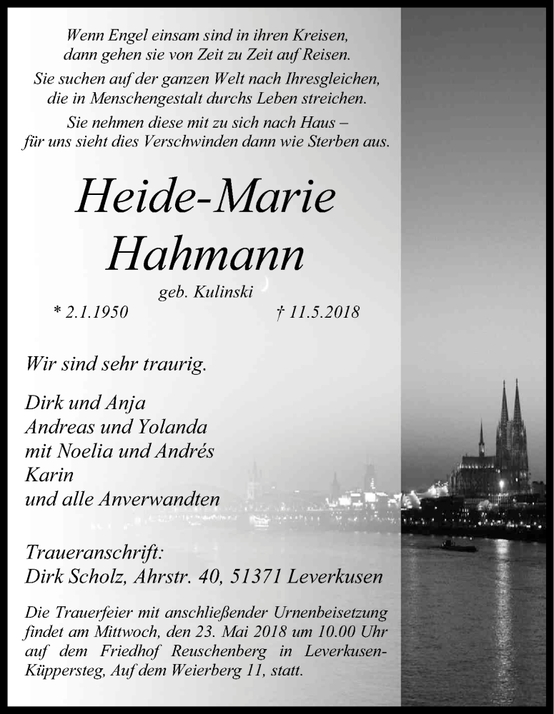  Traueranzeige für Heide-Marie Hahmann vom 19.05.2018 aus Kölner Stadt-Anzeiger / Kölnische Rundschau / Express