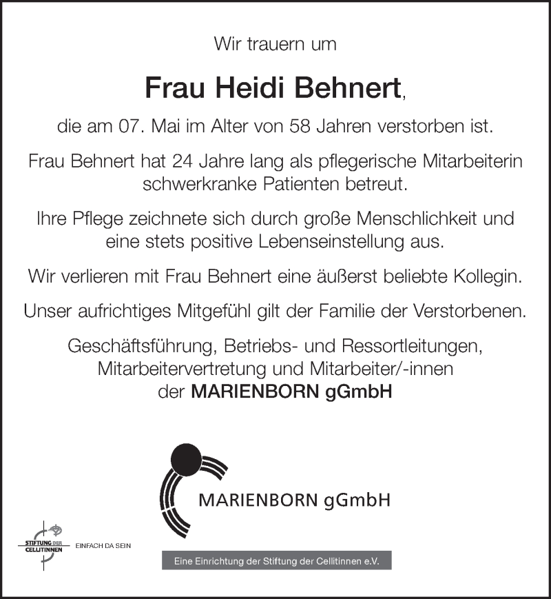  Traueranzeige für Heidi Behnert vom 26.05.2018 aus  Blickpunkt Euskirchen 