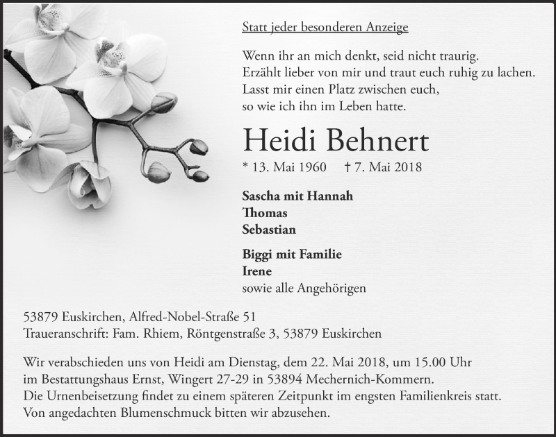  Traueranzeige für Heidi Behnert vom 12.05.2018 aus  Blickpunkt Euskirchen 
