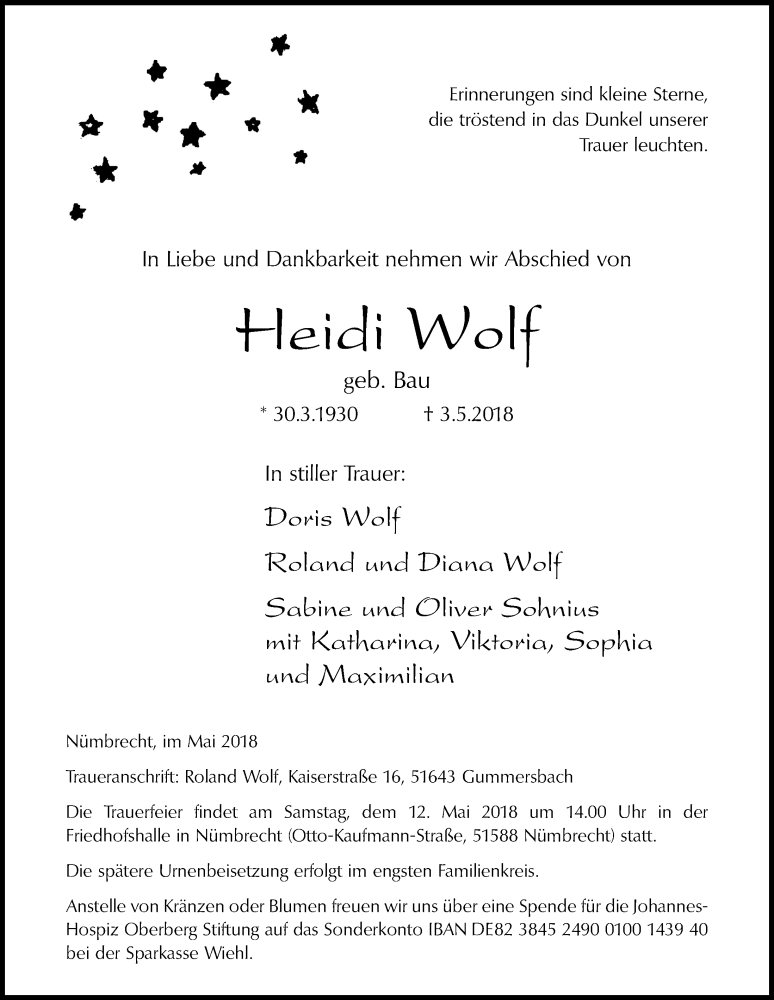  Traueranzeige für Heidi Wolf vom 09.05.2018 aus  Anzeigen Echo  Lokalanzeiger 