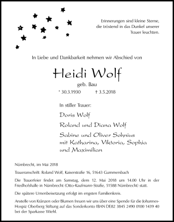 Anzeige von Heidi Wolf von Kölner Stadt-Anzeiger / Kölnische Rundschau / Express