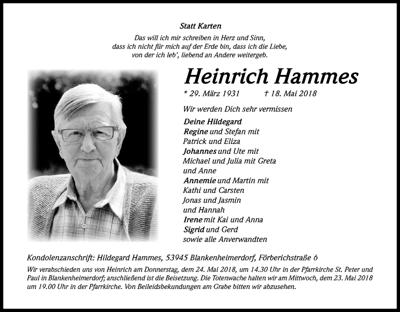  Traueranzeige für Heinrich Hammes vom 23.05.2018 aus Kölner Stadt-Anzeiger / Kölnische Rundschau / Express