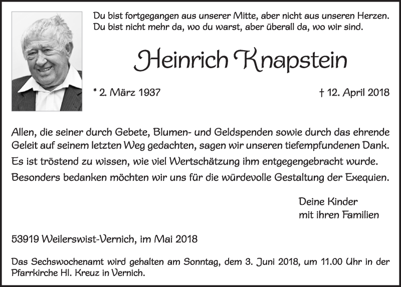  Traueranzeige für Heinrich Knapstein vom 26.05.2018 aus  Blickpunkt Euskirchen 