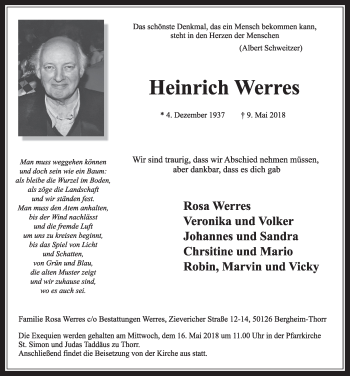 Anzeige von Heinrich Werres von  Sonntags-Post 