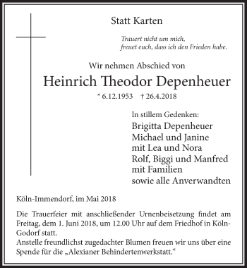 Anzeige von Heinrich Theodor Depenheuer von  Kölner Wochenspiegel 
