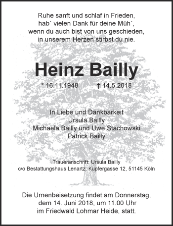 Anzeige von Heinz Bailly von  Kölner Wochenspiegel 