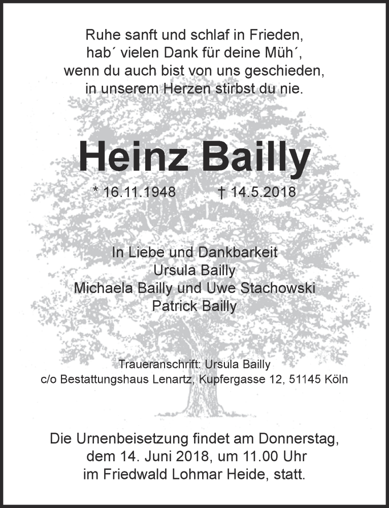  Traueranzeige für Heinz Bailly vom 23.05.2018 aus  Kölner Wochenspiegel 