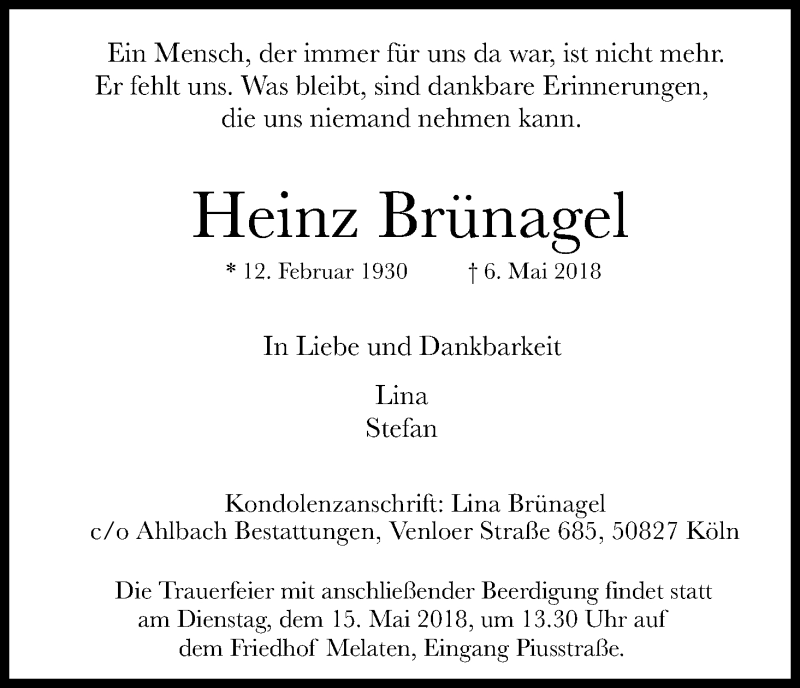  Traueranzeige für Heinz Brünagel vom 12.05.2018 aus Kölner Stadt-Anzeiger / Kölnische Rundschau / Express