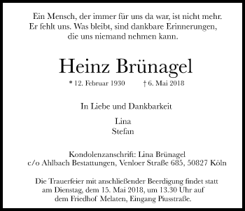 Anzeige von Heinz Brünagel von Kölner Stadt-Anzeiger / Kölnische Rundschau / Express