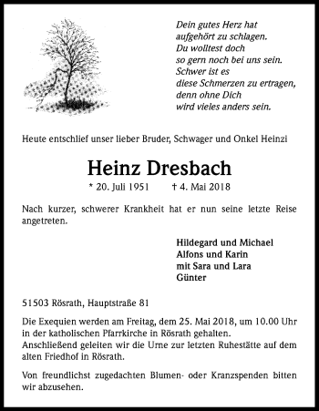 Anzeige von Heinz Dresbach von Kölner Stadt-Anzeiger / Kölnische Rundschau / Express